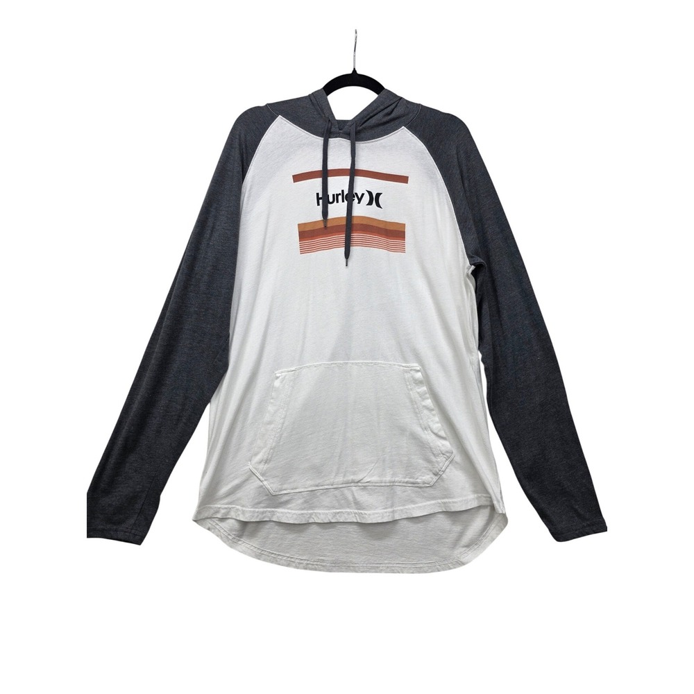 Hurley Mens Raglan Hoodie White Charcoal Grey Graphic Pullover Large